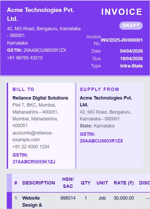 Purple GST invoice template generated by gst-bill.com